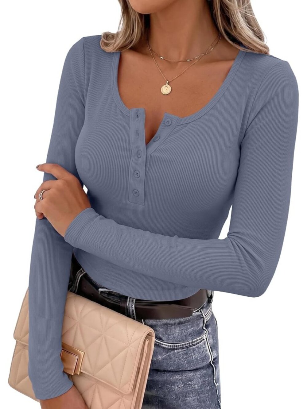 Women's Haze Blue Ribbed Button Down Long Sleeve Layer Tees Stretch Henley Top